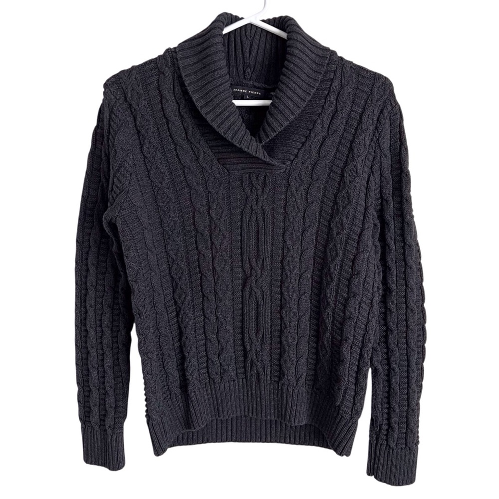 Jeanne Pierre Grey Shawl Collar Cable Knit Sweater Preppy Casual Women’s Large